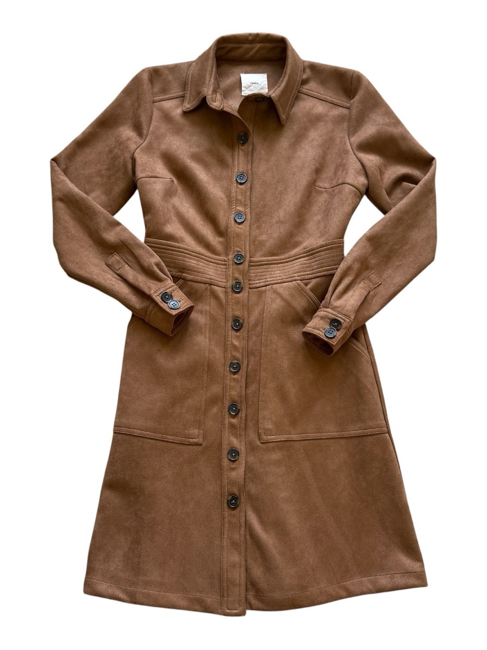 A Loves A XS Brown Faux Suede Button Front Shirt Dress Long Sleeve Pockets Retro